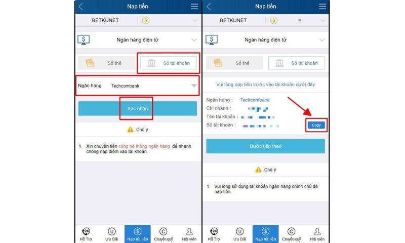 Nạp tiền Thabet qua ngân hàng